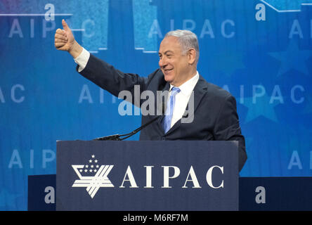 Il primo ministro Benjamin Netanyahu di Israele parla presso la American Israel Public Affairs Committee (AIPAC) 2018 Conferenza politica al Washington Convention Center di Washington, DC Martedì, 6 marzo 2018. Credito: Ron Sachs/CNP /MediaPunch Foto Stock