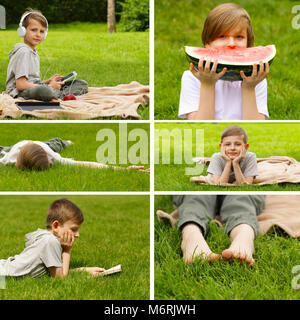 Il collage, impostare ragazzo su picnic estivo su erba verde Foto Stock