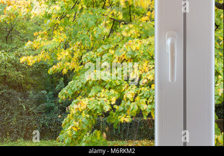 Vista attraverso una moderna finestra su un ventoso pomeriggio autunnale Foto Stock