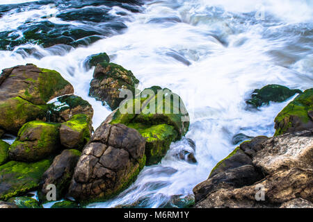 Spiaggia con verdi rocce testurizzata Foto Stock