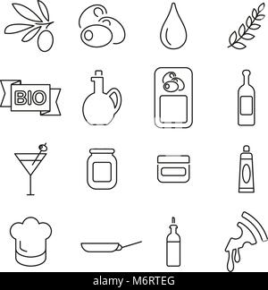Di oliva o di olio di oliva icone linea sottile illustrazione vettoriale impostato Illustrazione Vettoriale