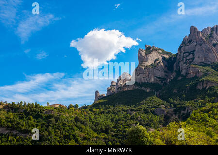 A denti di sega della montagna di Montserrat, nei pressi di Barcellona e della Catalogna, primo parco nazionale istituito in Spagna. Foto Stock