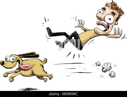 Un felice, cartoon dog trattini in avanti, rovesciare un uomo in piedi. Illustrazione Vettoriale