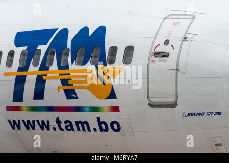 Dettaglio dei finestrini laterali di Boeing 737-200 / 737-2Q3 con registrazione FAB-113 di 737-2Q3 Transporte Aereo Militar de Bolivia Foto Stock