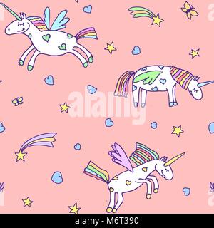 Illustrazione Vettoriale di pattern senza giunture dal simpatico unicorns su sfondo rosa Illustrazione Vettoriale