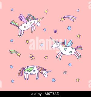 Set di vettore di Cartoon carino unicorn. Illustrazione di unicorns Illustrazione Vettoriale