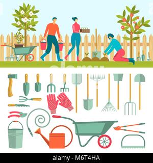 Giardinieri con gli strumenti per lavorare in giardino Illustrazione Vettoriale