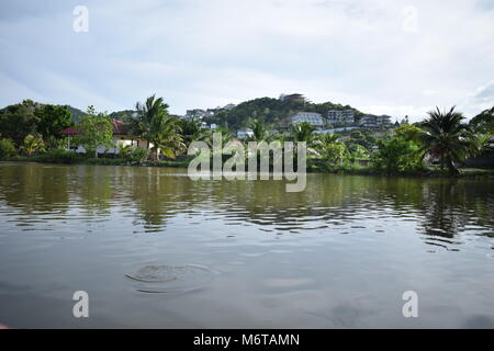 Esotici lago verde con la riflessione delle palme e i bordi e una collina con molte case in background sul cielo blu con nuvole in Samui. Foto Stock