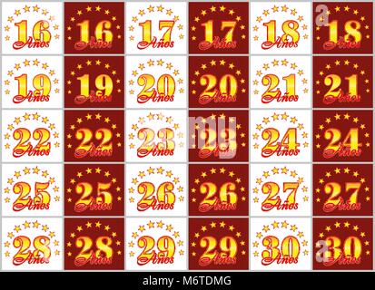 Set di numeri di oro da 16 a 30 e la parola dell'anno decorata con un cerchio di stelle. Illustrazione Vettoriale. Traduzione dallo spagnolo - anni Illustrazione Vettoriale