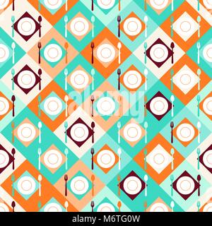 Modello senza cuciture con forchette, cucchiai e piatti in stile retrò Illustrazione Vettoriale
