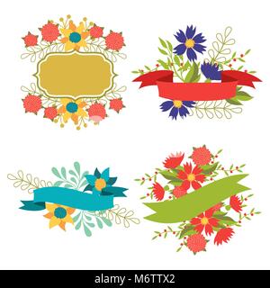 Set di elementi di design con nastri, etichette e fiori Illustrazione Vettoriale