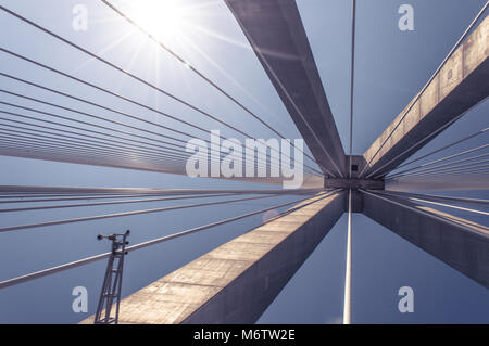 Cable stayed bridge. Architectural detail of the iconic Rio Antirio Bridge - Patras Greece. Inside view. Foto Stock