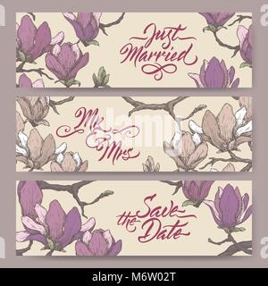 Set di tre originali wedding banner sulla base di magnolia il colore dei fiori schizzo e spazzola calligraphy. Illustrazione Vettoriale