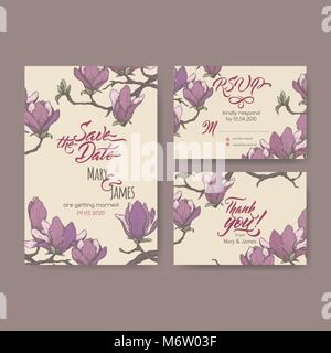 Set di tre originali attraenti le carte di matrimonio basato su magnolia colore floreale schizzo e spazzola calligraphy. Illustrazione Vettoriale