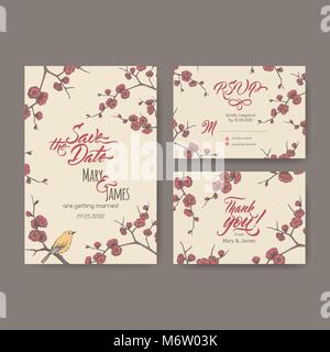 Set di tre originali attraenti le carte di matrimonio sulla base di prugna Fiore ramo schizzo e spazzola calligraphy. Illustrazione Vettoriale