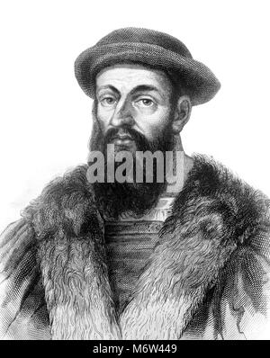 Ferdinando Magellano (1480-1521), l'incisione dell'esploratore portoghese che ha organizzato la spedizione spagnola per le Indie orientali dal 1519 al 1522. Foto Stock