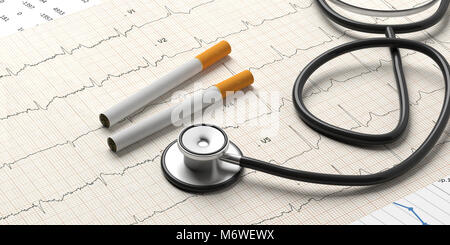 Il fumo e la salute. Lo stetoscopio e sigarette su un sfondo cardiogram. 3d illustrazione Foto Stock