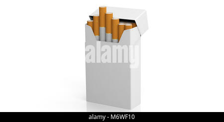 Concetto di fumare. Vuoto - nessun nome di pacchetto di sigarette isolato su sfondo bianco, spazio per il testo. 3d illustrazione Foto Stock