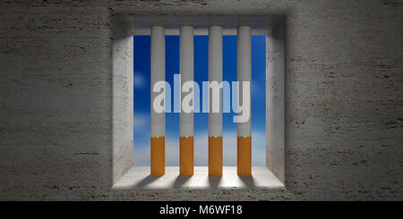 Smettere di fumare concetto. Sigarette sbarre della prigione, cielo blu al di fuori. 3d illustrazione Foto Stock