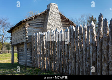 La Mansker Station - una riproduzione del XVIII C. frontiera americana fort circa dieci miglia a nord di Nashville in Goodlettsville, Tennessee, Stati Uniti d'America Foto Stock