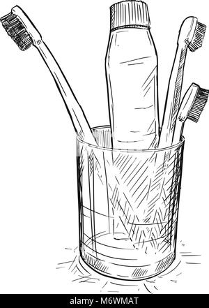 Vettore di disegno a mano di spazzolini da denti e dentifricio in Coppa di vetro nella stanza da bagno Illustrazione Vettoriale