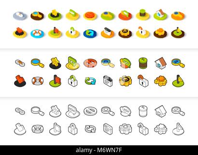 Set di icone in stile differente - isometrica e piatto otline, colorate e le versioni di colore nero Illustrazione Vettoriale