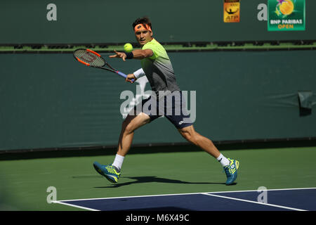 INDIAN WELLS, CA - MARZO 06: David Ferrer della Spagna in azione durante il BNP Paribas Open a Indian Wells Tennis Garden il 6 marzo 2018 in Indian Wells, California. Credito: Mauricio Paiz/Alamy Live News Foto Stock