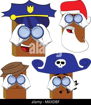 Libri guardando attraverso il binocolo. Cartoon raccolta libraria con facce in costume. Vettore di espressioni set. Illustrazione Vettoriale