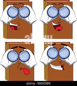 Libri guardando attraverso il binocolo. Cartoon raccolta libraria con volti felici. Vettore di espressioni set. Illustrazione Vettoriale