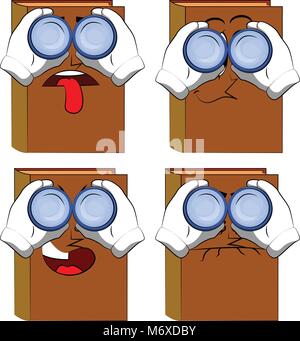 Libri guardando attraverso il binocolo. Cartoon raccolta libraria con tristi, annoiato e visi arrabbiati. Vettore di espressioni set. Illustrazione Vettoriale