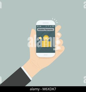 Mano azienda smartphone e toccando lo schermo con la messaggistica di testo.Smartphone con i pagamenti mobili applicazioni su schermo.Mobile i concetti di applicazione.SMA Illustrazione Vettoriale