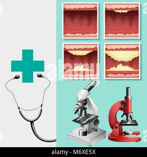 Tema medico con stetoscopio e illustrazione di microscopio Illustrazione Vettoriale