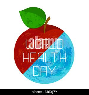 Giornata mondiale della sanità. Massa e un apple, diviso in diagonale. Il testo con il nome della vacanza. Effetto grunge Illustrazione Vettoriale