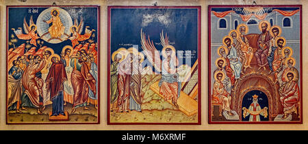 Iconografia di San Giorgio e Chiesa ortodossa, Madaba, Giordania. Parte di tutta la serie di foto il rivestimento delle pareti della chiesa. Foto Stock
