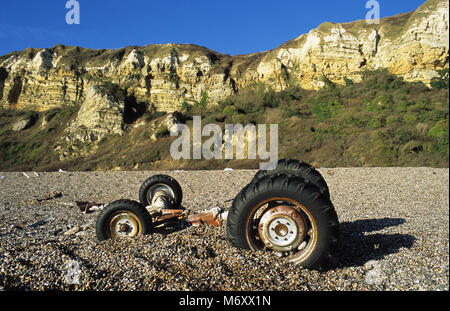 Spiaggia di Branscombe trattore lavato fino dal contenitore coniata la nave MSC Napoli Foto Stock