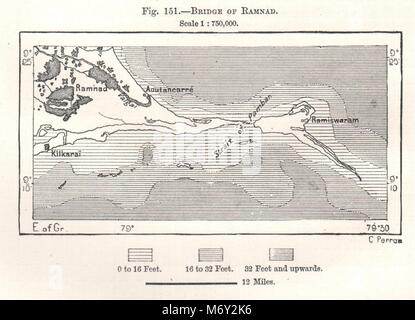 Ponte di Ramnad. India. Schizzo 1885 antico piano vintage chart Foto Stock