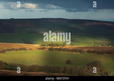 Prima luce su Stoke Pero dal Comune Dunkery Beacon, Exmoor, Somerset, Inghilterra, Regno Unito Foto Stock