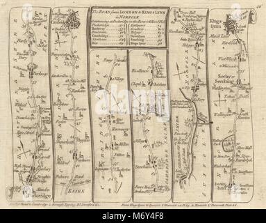 Puckeridge Cambridge Ely Downham Market King's Lynn. KITCHIN road map 1767 Foto Stock