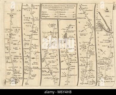 King's Lynn Cresent Norwich Great Yarmouth. KITCHIN road map 1767 vecchio Foto Stock