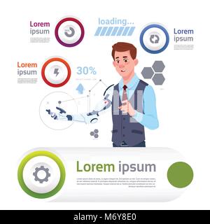 Uomo con mano robotica su modello sfondo Infographics per la moderna tecnologia dei robot e intelligenza artificiale Concept Illustrazione Vettoriale