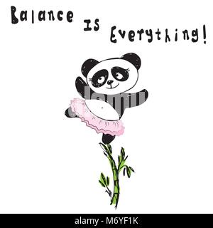 Grazioso panda in piedi sul bambù, equilibrio è tutto! Disegno a mano isolati su sfondo bianco, stock illustrazione vettoriale Illustrazione Vettoriale