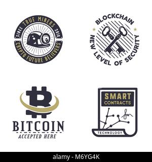 Blockchain, bitcoin, crypto valute emblemi e concetti. Risorse digitali loghi. Vintage disegnati a mano design monocromatico. Web badge di sicurezza. Stock illustrazione vettoriale isolati su sfondo bianco Illustrazione Vettoriale