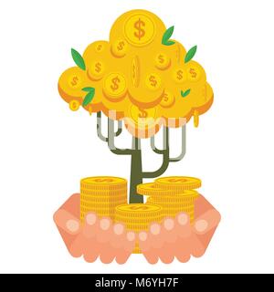 Mano azienda golden money tree Illustrazione Vettoriale