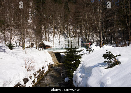 Un ruscello che scorre corre in Lac de Montriond vicino Argent Haute Savoie Portes du Soleil Francia Foto Stock