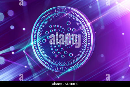 Il Neon incandescente IOTA coin in Ultra Violet colori con cryptocurrency blockchain nodi in sfondo sfocato. Il rendering 3D Foto Stock