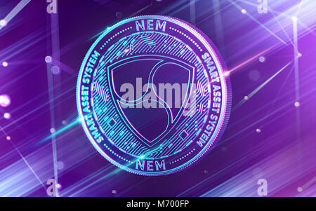 Il Neon incandescente NEM (NEM) moneta in Ultra Violet colori con cryptocurrency blockchain nodi in sfondo sfocato. Il rendering 3D Foto Stock