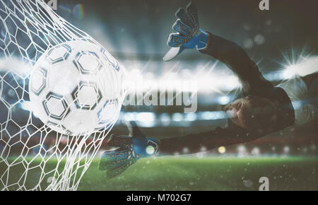 Sullo sfondo di un pallone da calcio segna un punto sulla rete. Il rendering 3D Foto Stock