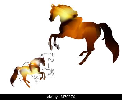 Anno Nuovo Cinese greeting card design. Fiery silhouette di un stallone arabo. Il cavallo rosso corre sul fuoco. Illustrazione Vettoriale
