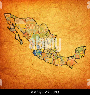 Emblema di Jalisco membro sulla mappa con le divisioni amministrative e ai confini del Messico Foto Stock