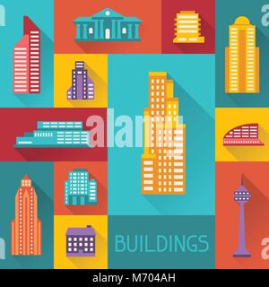 Cityscape illustrazione con edifici in flat uno stile di design Illustrazione Vettoriale